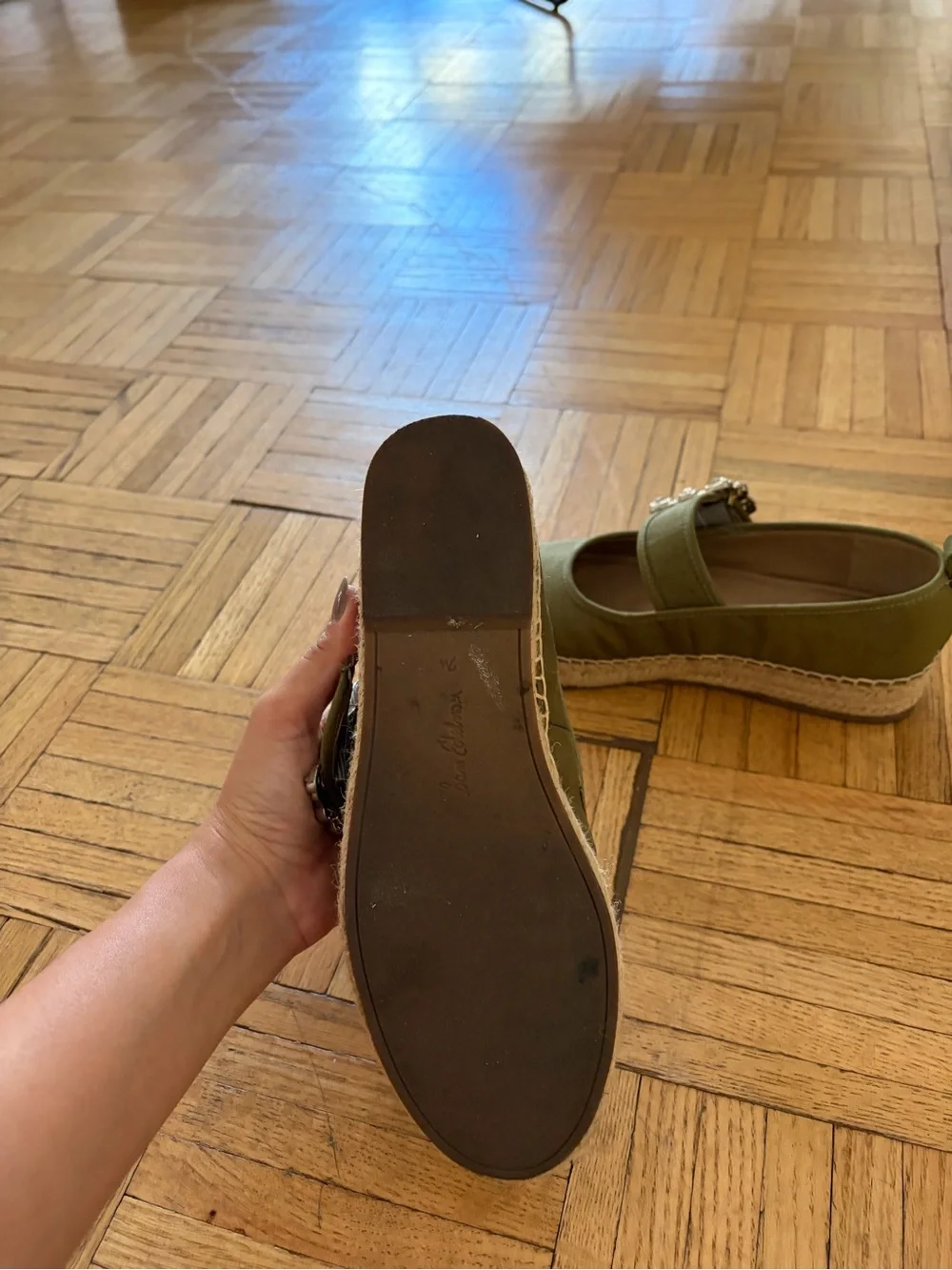 Sam Edelman Olive Green Espadrille Mary Janes with Decorative Gold Buckle
